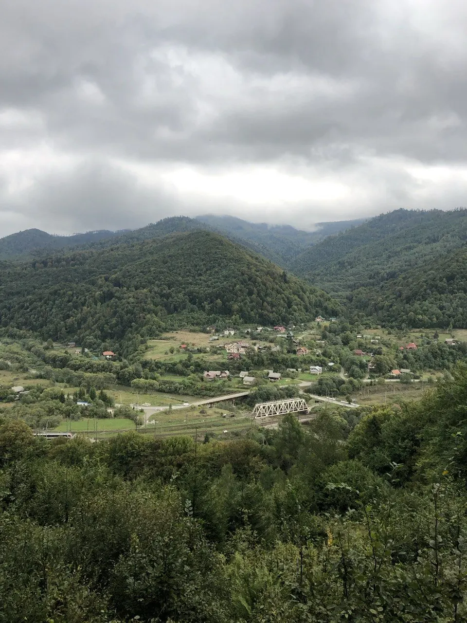 Долина Опору з селом і мостом, ліс на схилах