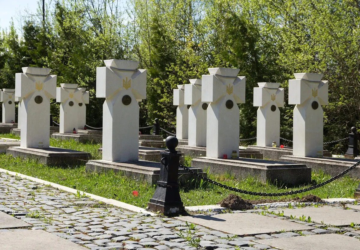 Ряди білих кам'яних хрестів з тризубами на могилах, перед ними бруківка й ланцюгова огорожа, за ними молодий ліс