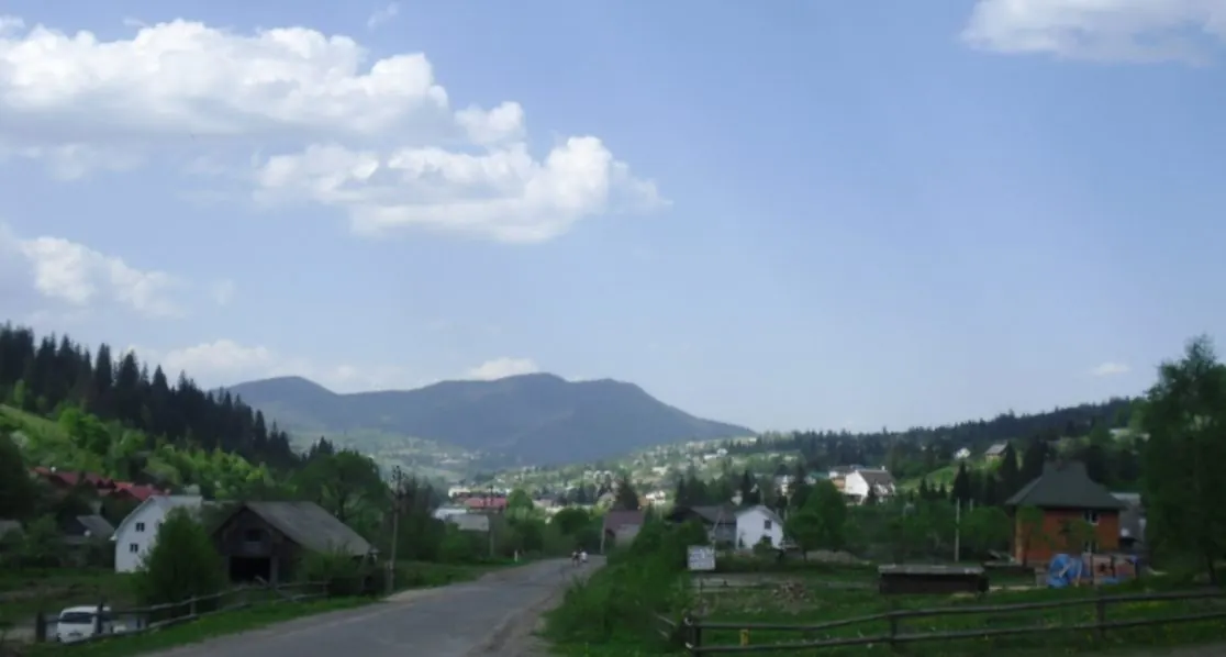 Селище в зеленій долині навесні: дорога, хати й городи, позаду лісисті гори під хмарами